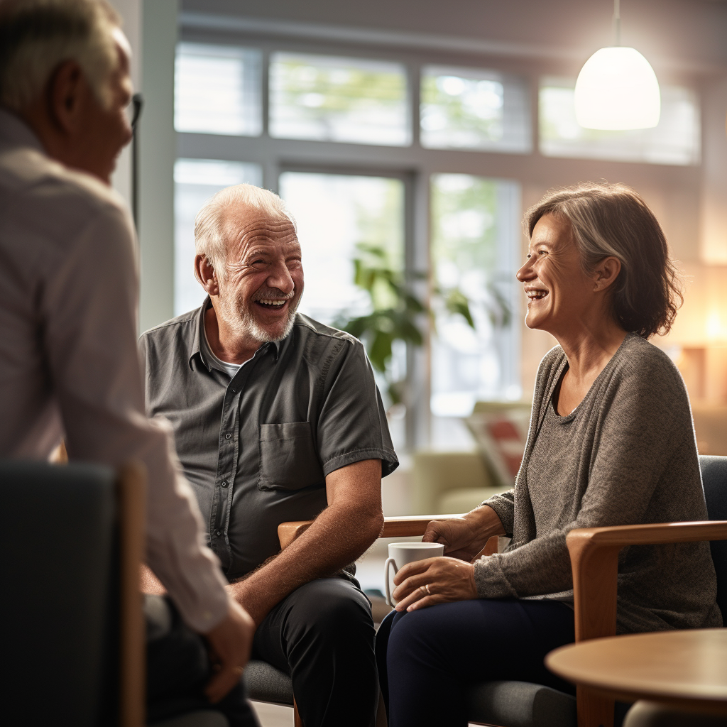 Zwei lachende Senioren und ein Pflegeberater im Gespräch, entspannte Atmosphäre in einem hellen Pflegeberatungszimmer.