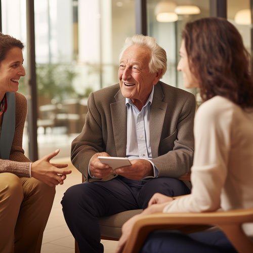 Drei Personen in einer freundlichen Beratungssituation im Pflegebüro, älterer Herr mit Block lächelnd im Gespräch mit Beratern.