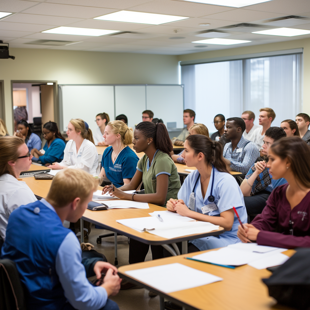 Diverse Gruppe von Pflegefachkräften, die einer Schulung beiwohnen.